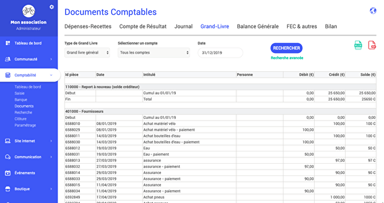exemple de grand livre sur AssoConnect