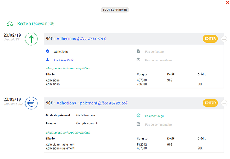 écriture comptable générée sur AssoConnect