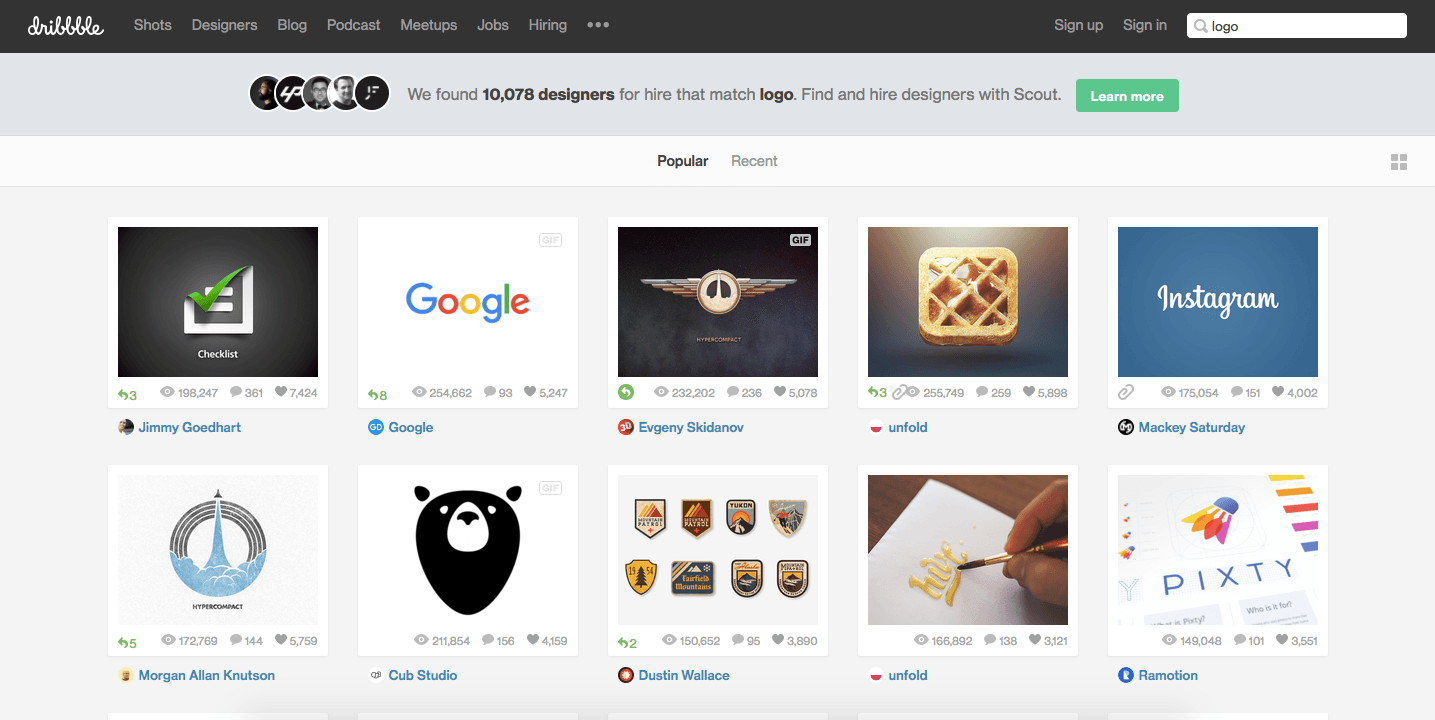 recherche d'inspiration sur dribbble pour logo