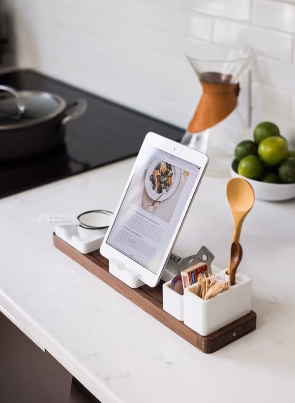 A recipe app on a iPad in a kitchen.