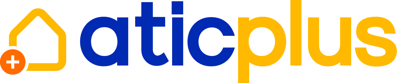 Logotipo completo de AticPlus en amarillo y azul sobre fondo oscuro.