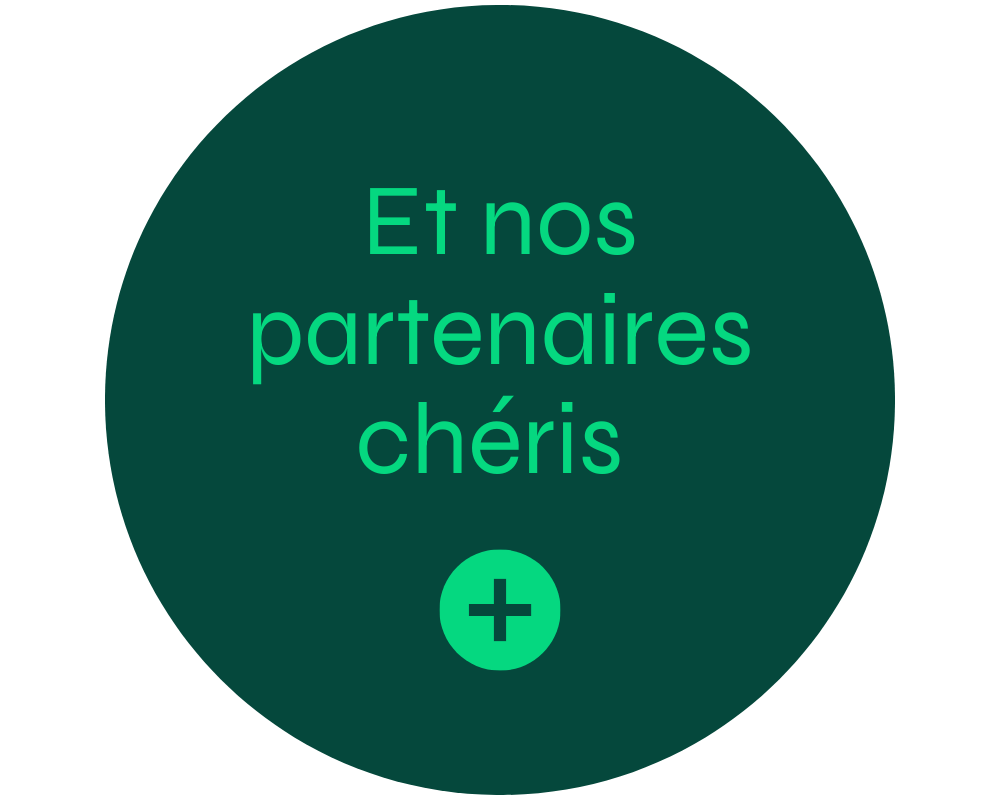 Icône circulaire verte avec le texte 'Et nos partenaires chéris' et un signe plus en dessous.