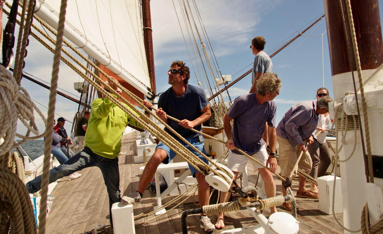 Équipe en pleine activité de team building sur un voilier, manœuvrant les voiles en mer par beau temps.
