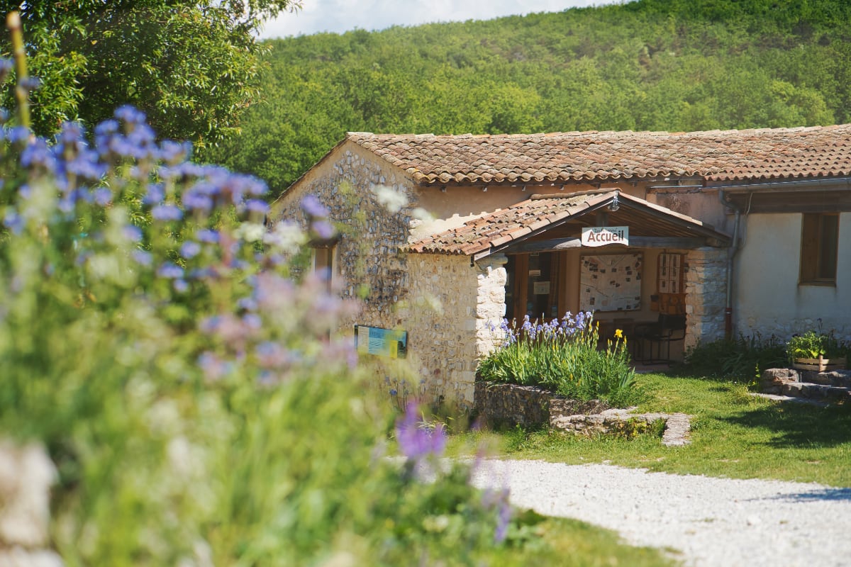 Maison en pierre avec un panneau Accueil, entourée de fleurs et de verdure dans un cadre rural.