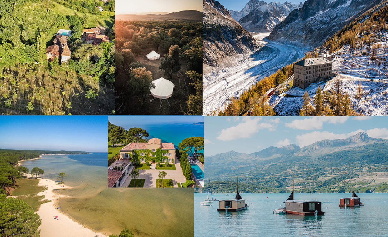 Montage de photos de lieux pour séminaires et événements : cabane dans les arbres, dôme en forêt, hôtel de montagne, plage, domaine avec piscine et cabanes flottantes sur un lac.