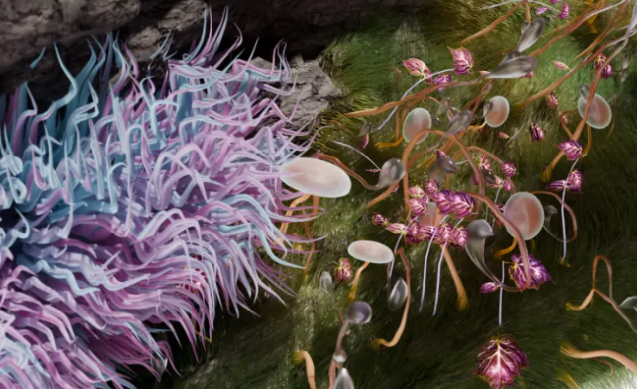 Illustration colorée représentant des formes organiques futuristes, avec des filaments violets et bleus ainsi que des structures végétales rosées sur un fond vert.