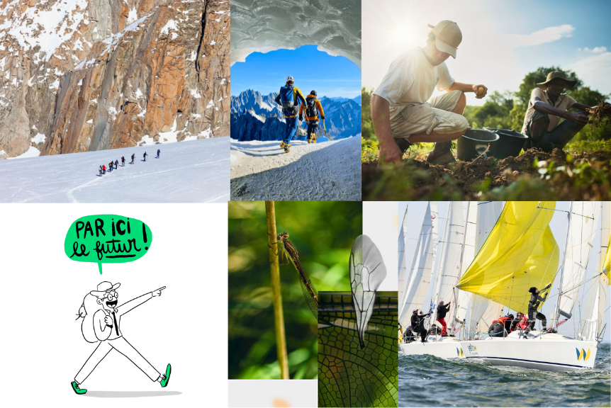 Collage of six images showing mountain climbers ascending a snowy slope, two climbers viewed through an icy cave opening, two farmers planting crops in a field, a cartoon of a person pointing with a speech bubble saying 'Par ici le futur!', a close-up of an insect on a green plant stem next to a wing, and a sailboat with yellow sails racing on the water.