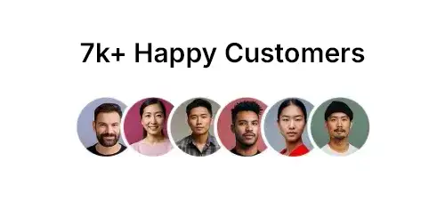 Text reading '7k+ Happy Customers' above circular photos of six diverse smiling people.