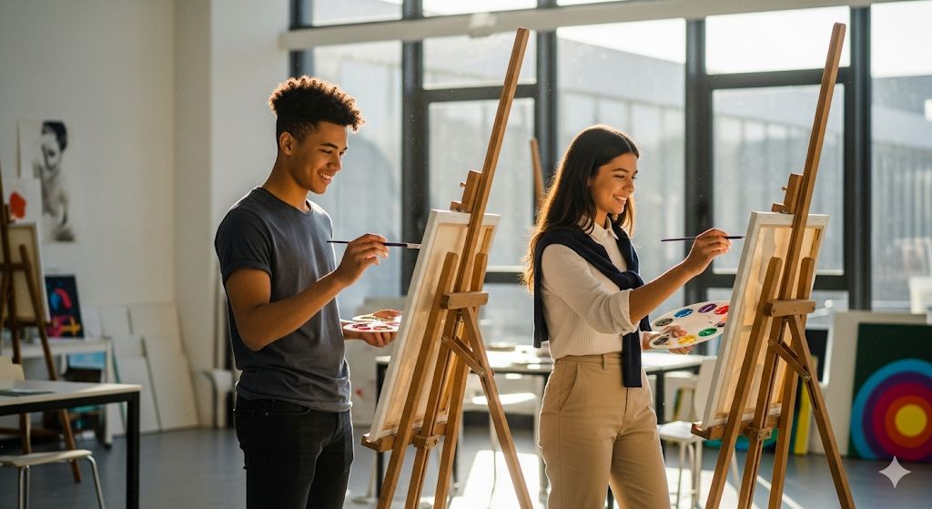 Man and girl painting in arts class at Young Leaders Academy in Brussels