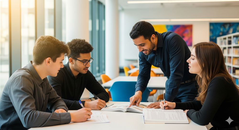 Tutor classes to help students perform Man and girl painting in arts class at Young Leaders Academy in Brussels