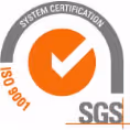 Oranje vinkje binnen een halve cirkel met tekst ISO 9001 en SGS-logo.