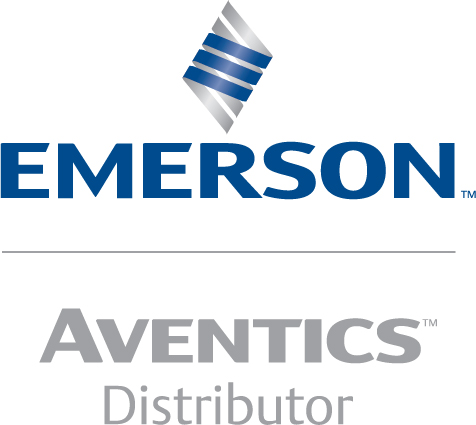 Emerson Aventics distributeur logo met blauwe en grijze letters en grafisch element boven Emerson.
