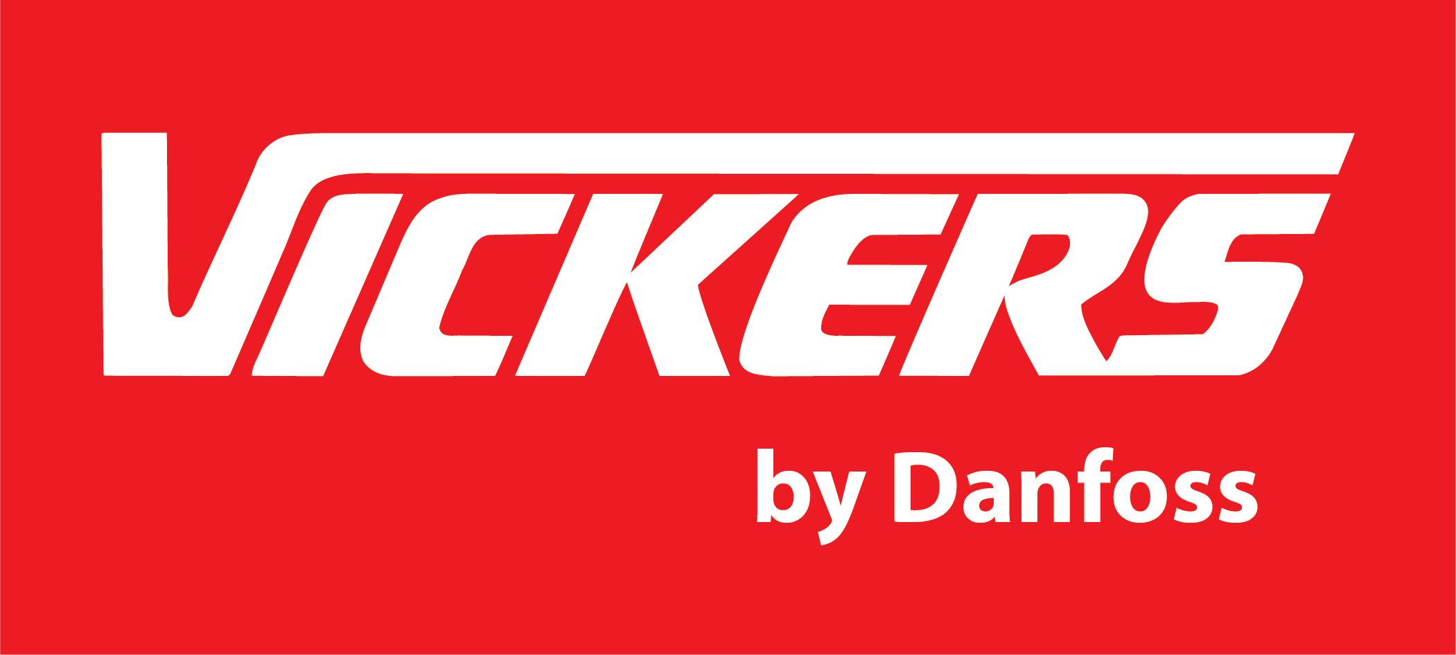 Logo met het woord Vickers en daaronder de tekst by Danfoss op een rode achtergrond.