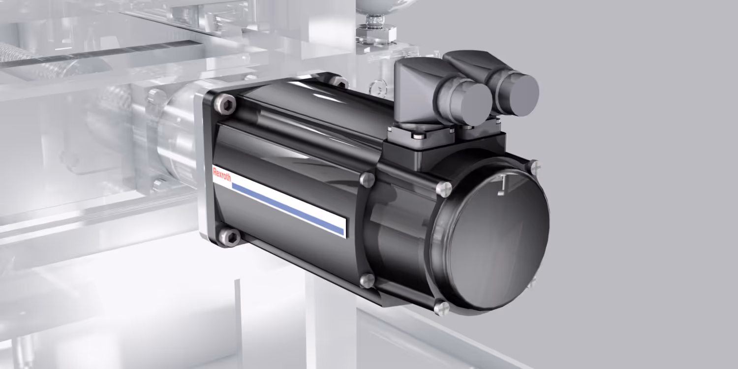 Zwarte Rexroth elektromotor gemonteerd op een machine met een grijze achtergrond.