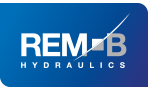 REM-B Hydraulics logo with white text and a small grey square on a blue gradient background.