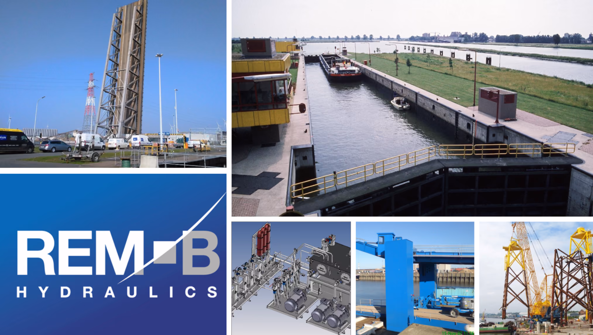 Collage van industriële en hydraulische beelden, waaronder een openstaande hefbrug, een schip in een sluis, een technisch hydraulisch schema, een grote blauwe kraan en een bouwplaats met zware machines, met het logo van REM-B Hydraulics.