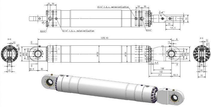 Technische tekening en 3D-render van een hydraulische cylinder met afmetingen en specificaties, inclusief doorsnede aan beide uiteinden en details van bevestigingspunten en aansluitingen.