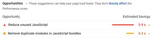 PageView Insights screengrab suggesting to remove unused JavaScript