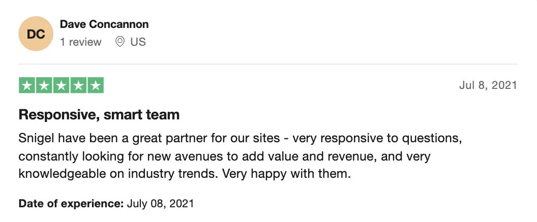 Snigel review on Trustpilot: Dave Concannon - Responsive, smart team