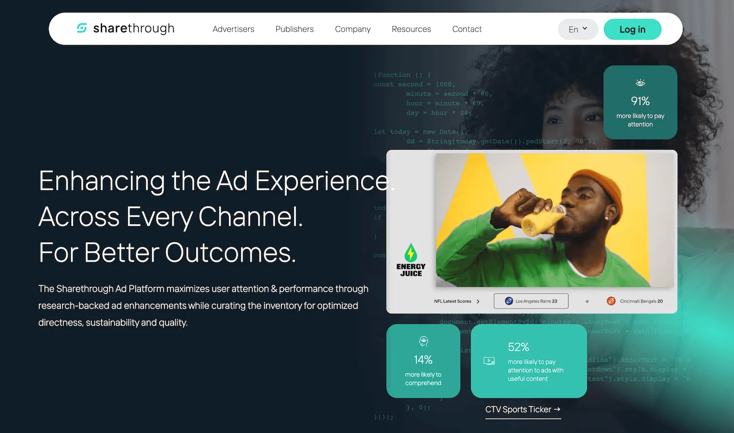 Sharethrough homepage: Enhancing the Ad Experience. Across Every Channel. For Better Outcomes.