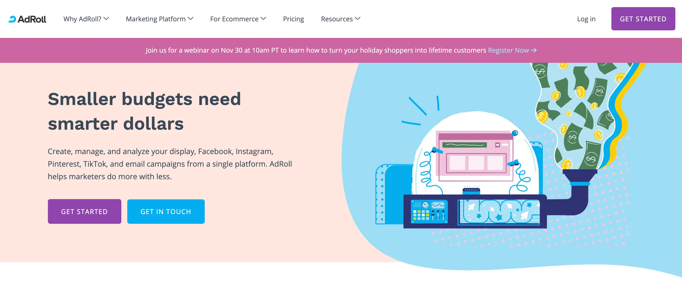 AdRoll homepage: Smaller budgets need smarter dollars