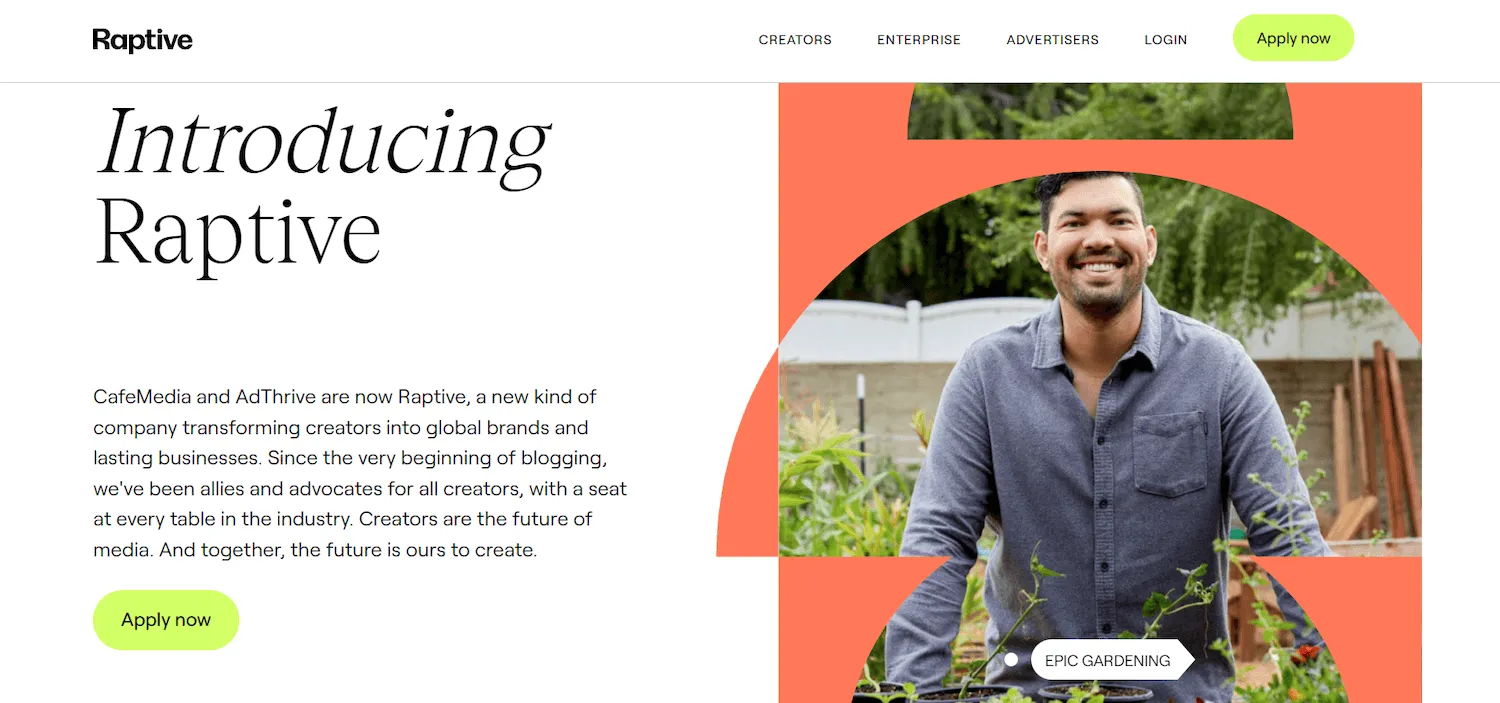 Raptive homepage: CafeMedia and AdThrive are now Raptive, a new kind of company transforming creators into global brands and lasting businesses