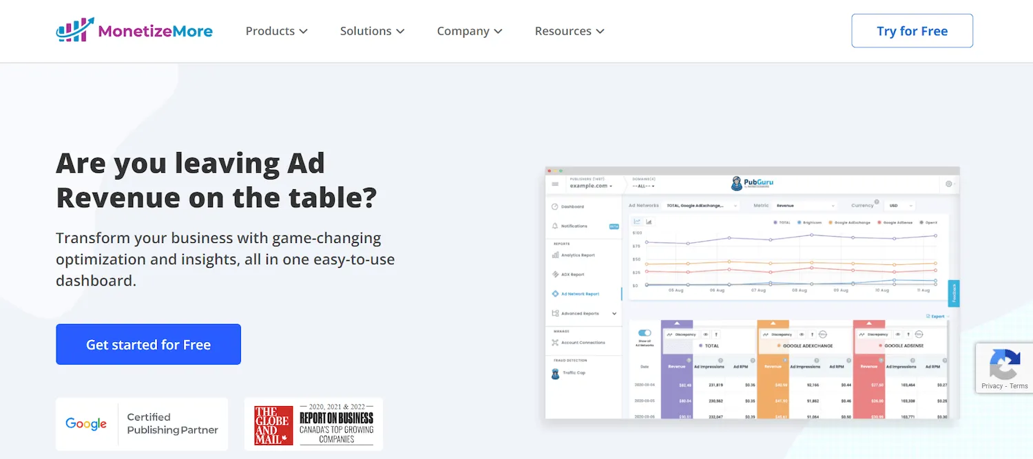 MonetizeMore homepage: Are you leaving Ad Revenue on the table?