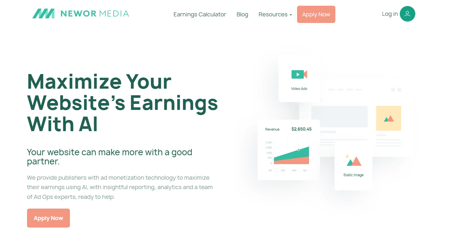 Newor Media homepage: Maximize Your Website's Earnings with AI