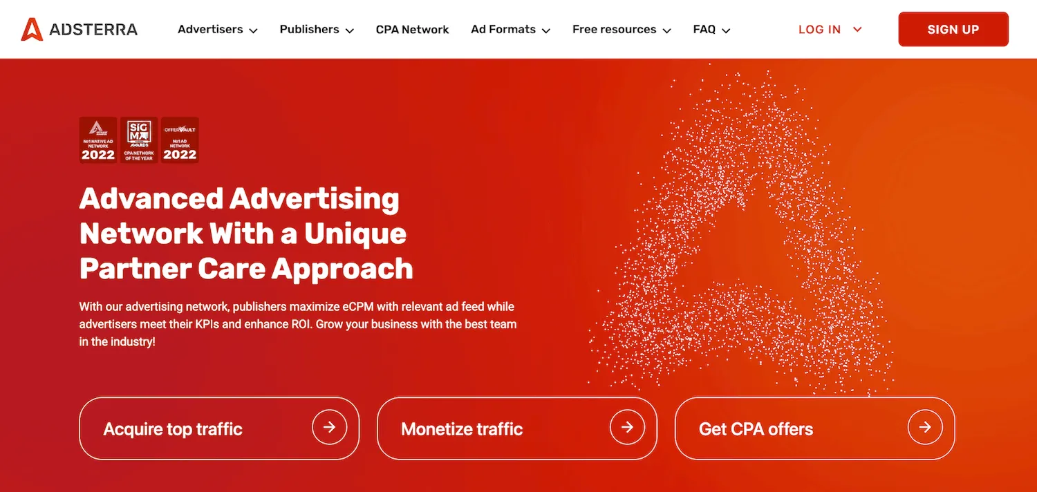 Adsterra homepage: Advanced Advertising Network with a Unique Partner Care Approach