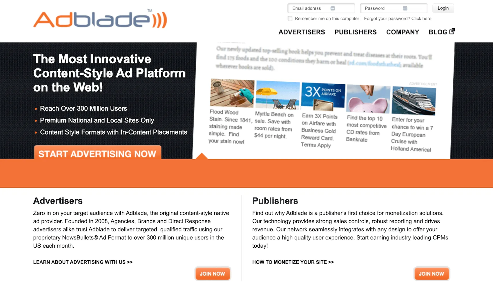 Adblade homepage: The Most Innovative Content-Style Ad Platform on the Web!