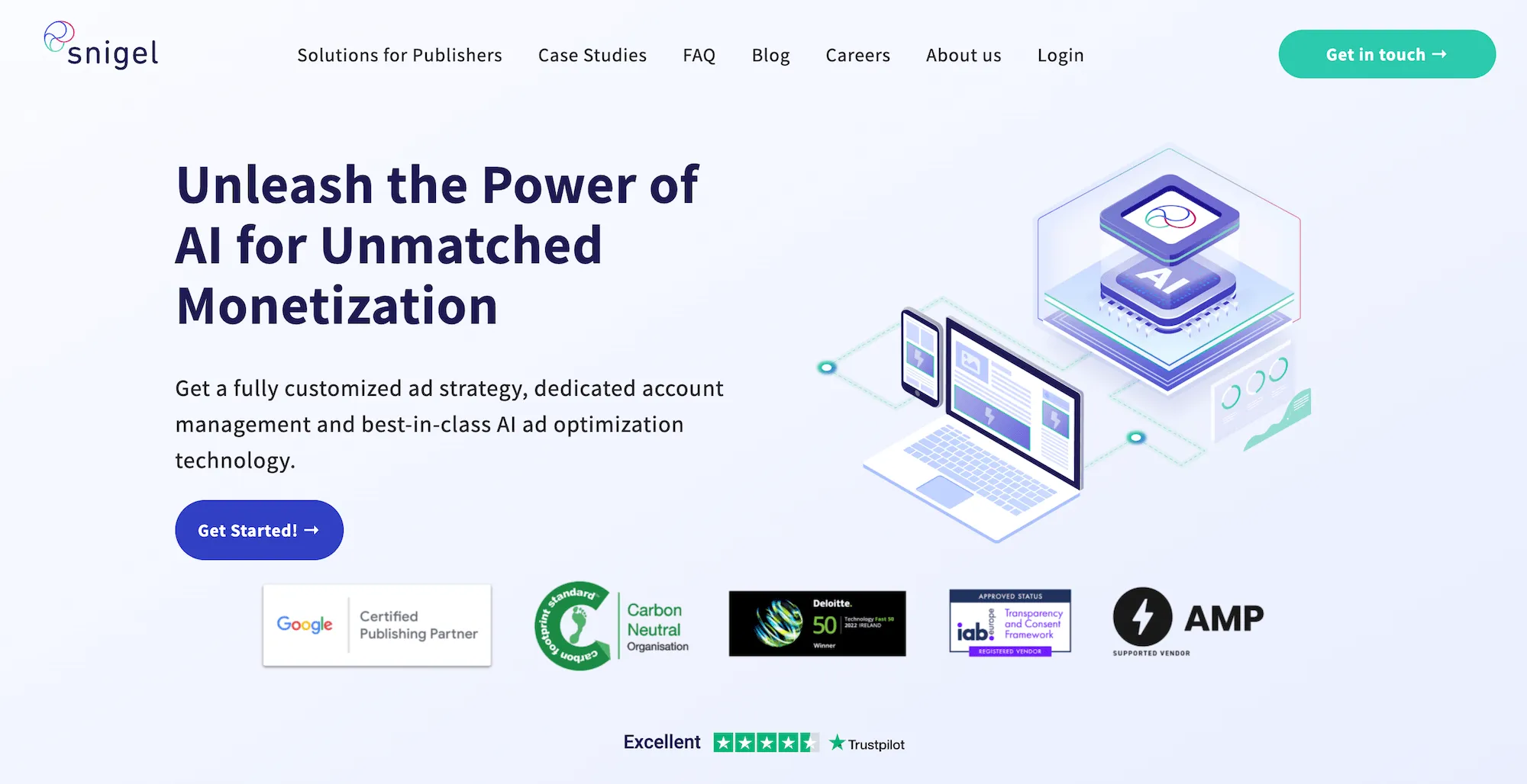 Snigel homepage: Unleash the Power of AI for Unmatched Monetization