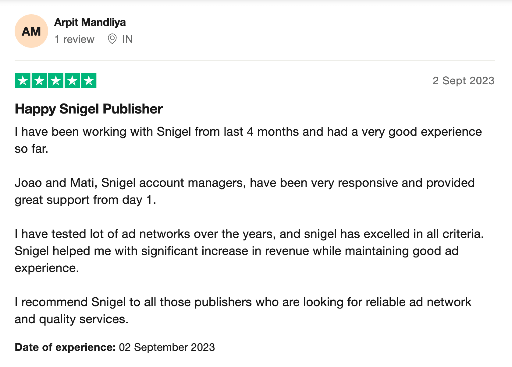 Snigel review on Trustpilot: Arpit Mandliya - Happy Snigel Publisher