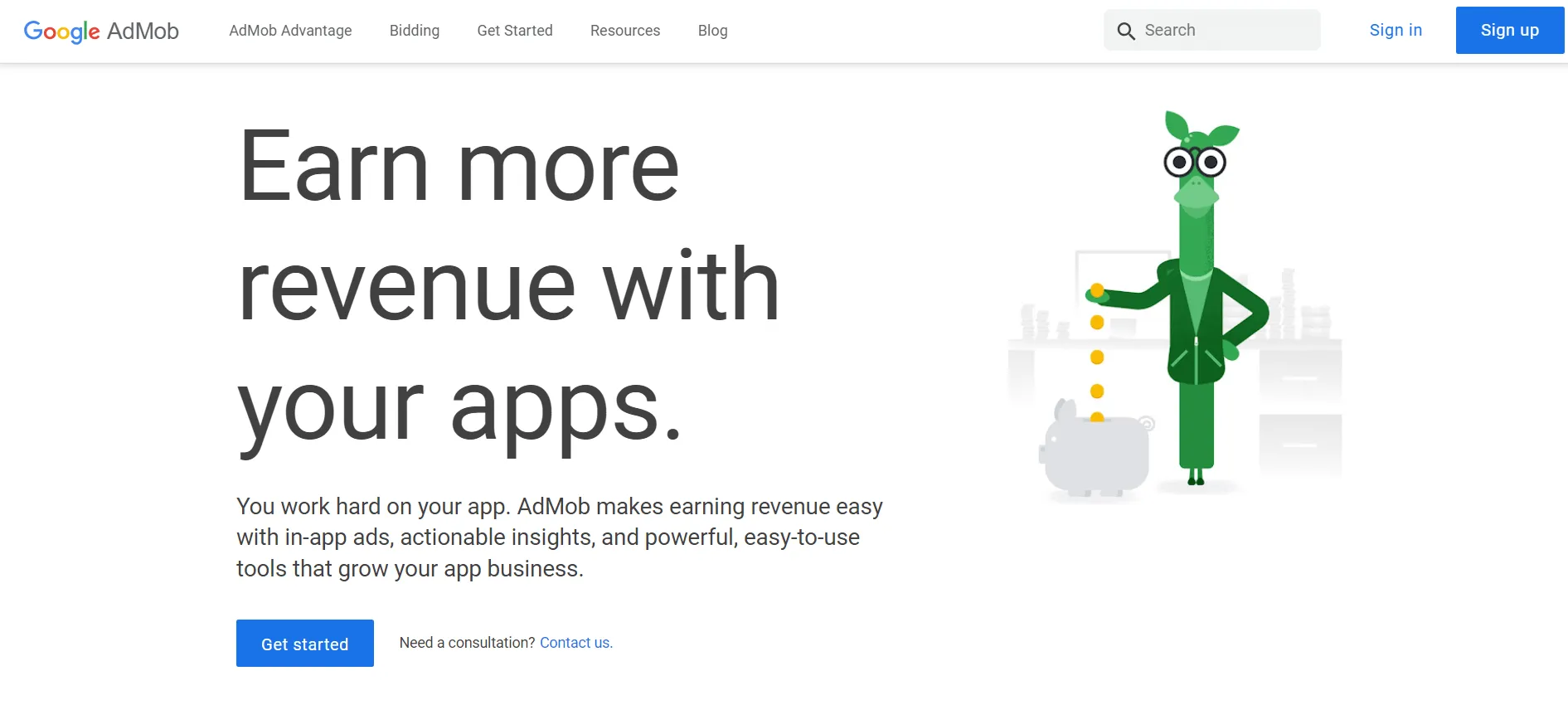 Google AdMob homepage: Earn more revenue with your apps.