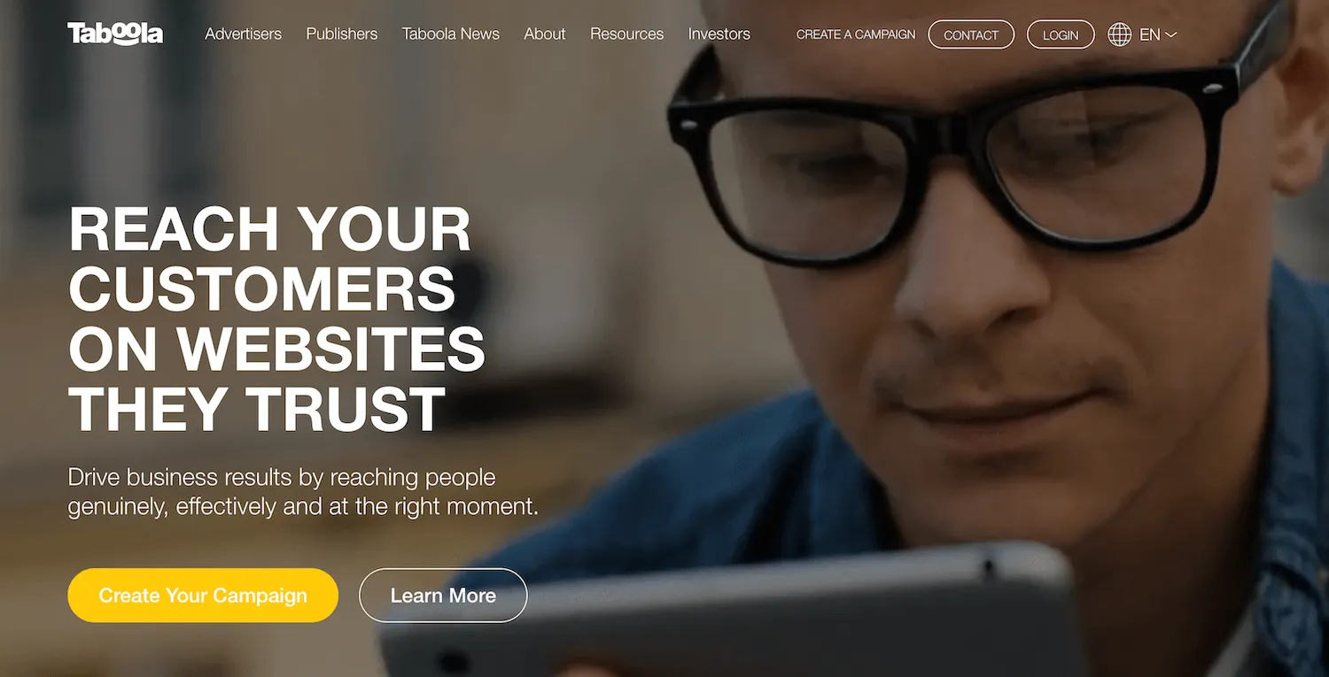Taboola homepage: Reach Your Customers on Websites They Trust