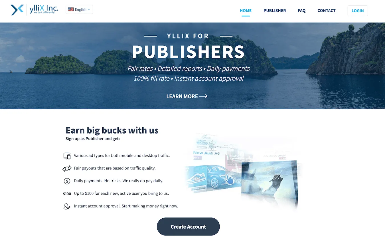 ylliX homepage: ylliX for publishers - Fair rates, Detailed reports, Daily payments 100% fill rate, Instant account approval