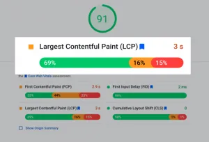 Example of yellow Largest Contentful Paint (LCP) score of 69%