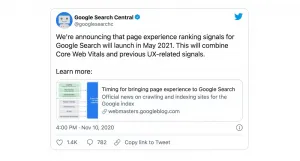 Google Core Web Vitals Tweet