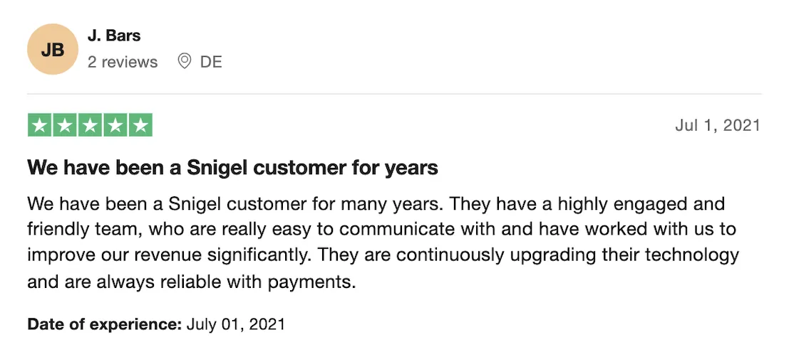 Snigel review on Trustpilot: J. Bars - We have been a Snigel customer for years