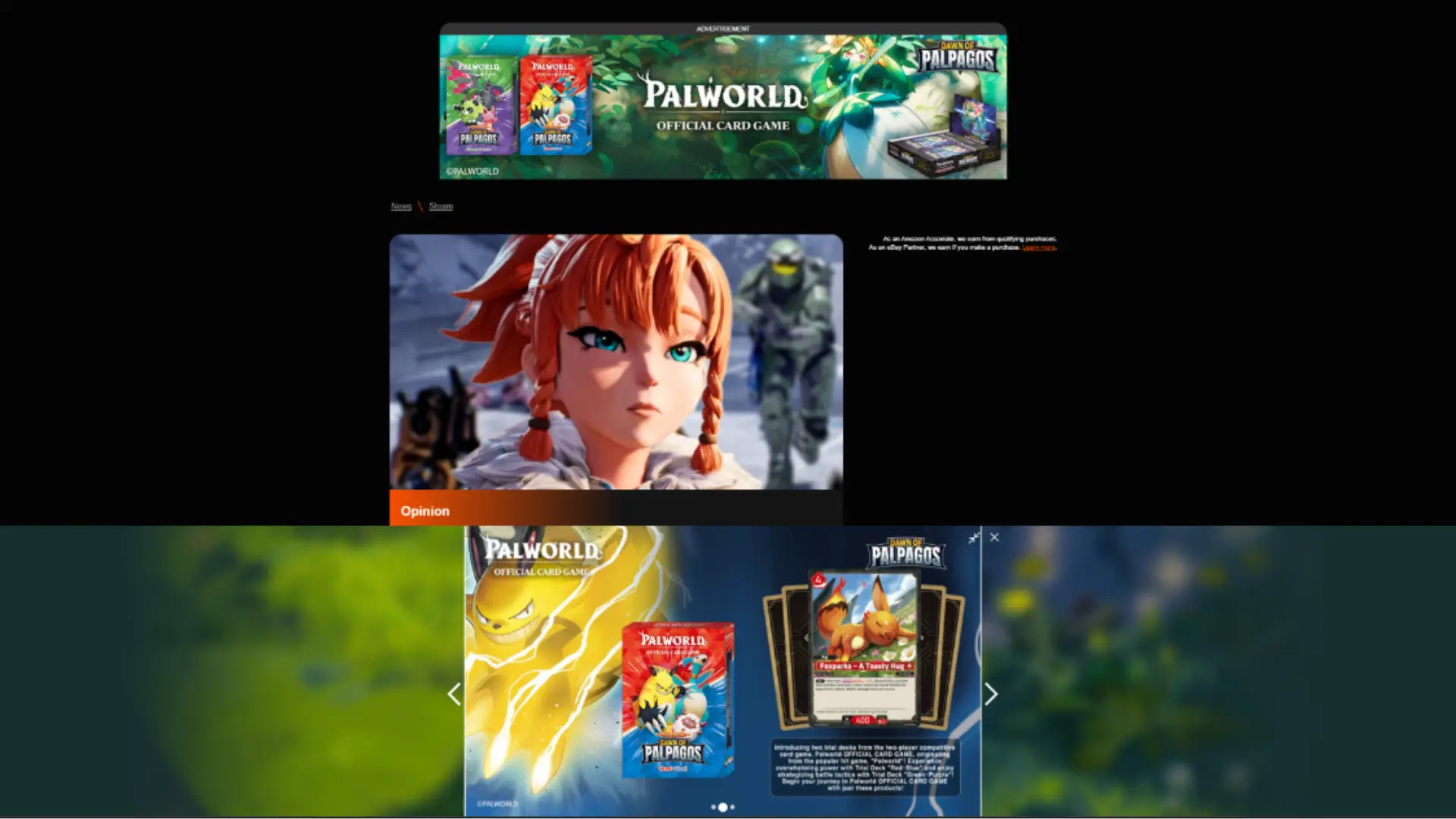 Palworld ad format, showcasing the new card game, with bright colours and creatures from the game.
