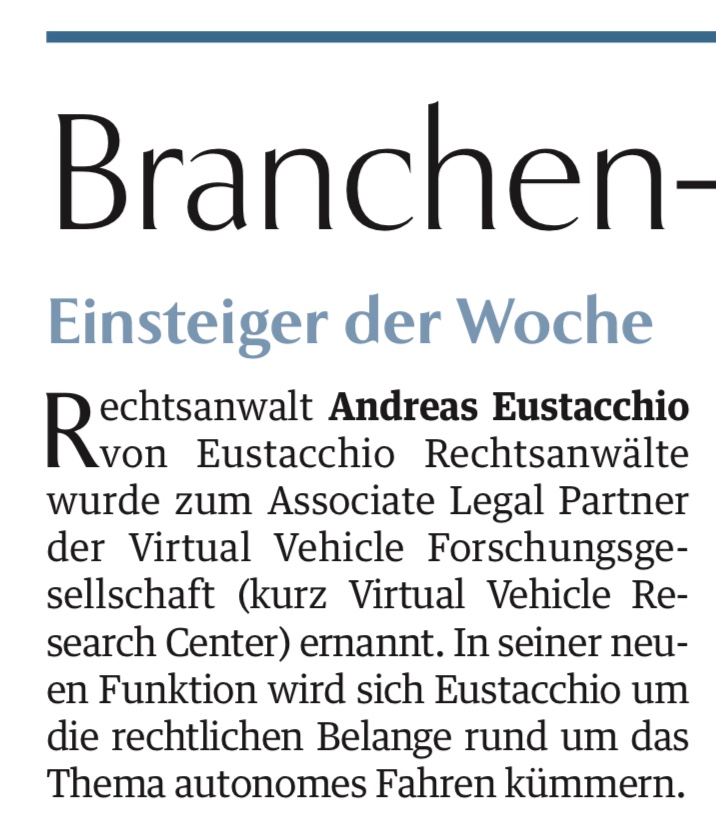 Andreas Eustacchio appointed Associate Legal Partner of Virtual Vehicle