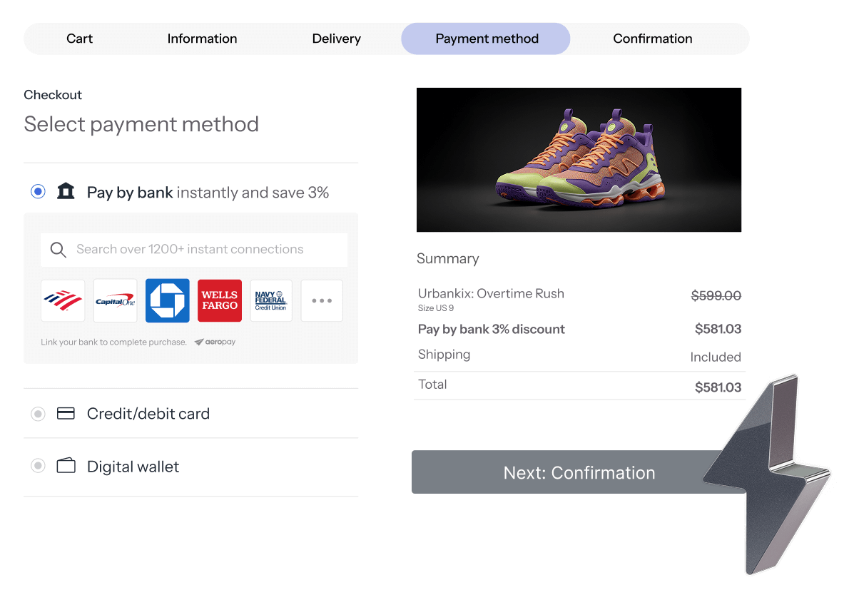 A shopping cart interface showing pay by bank and pair of sneakers