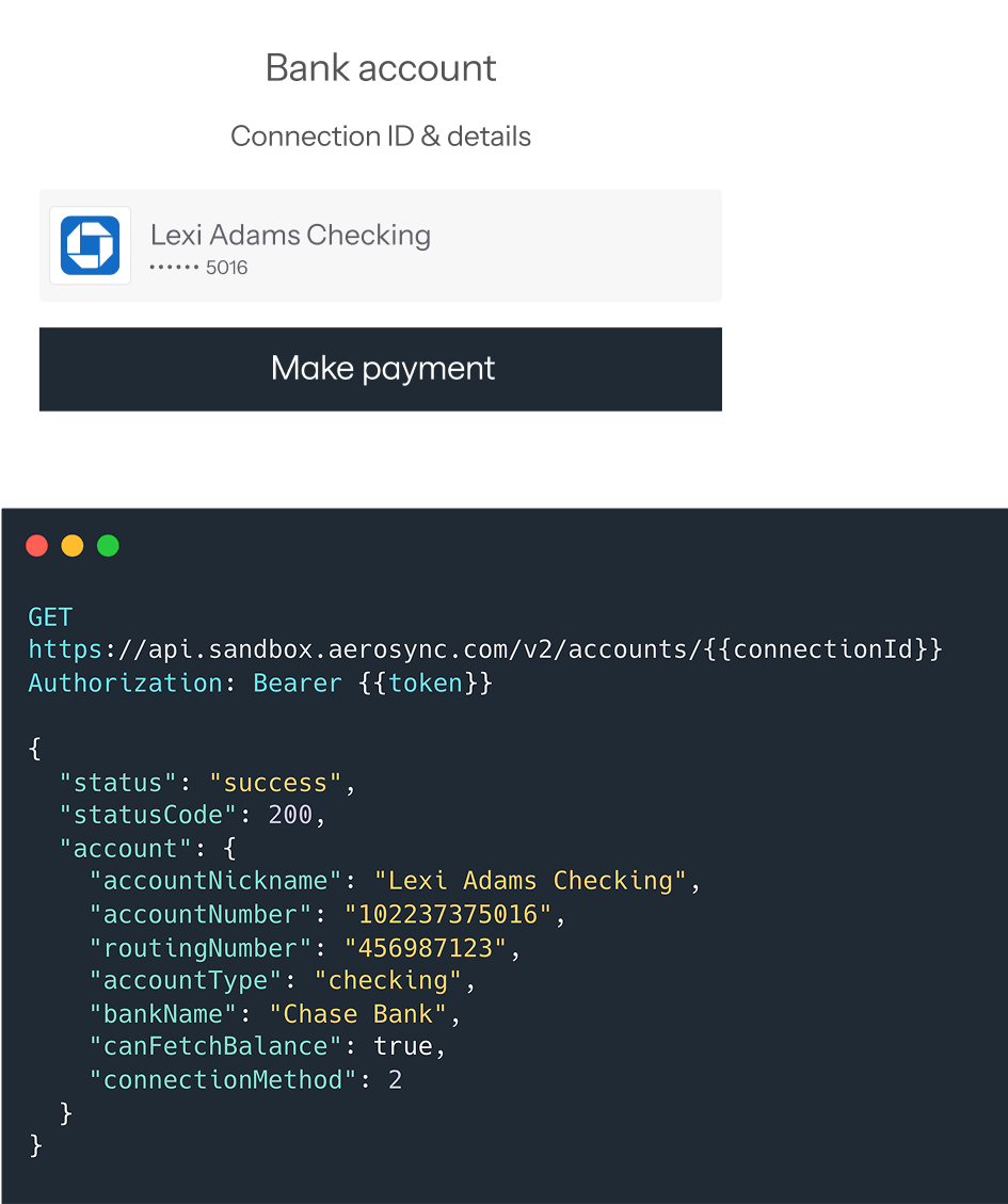 An interface showing a connected bank account and some code