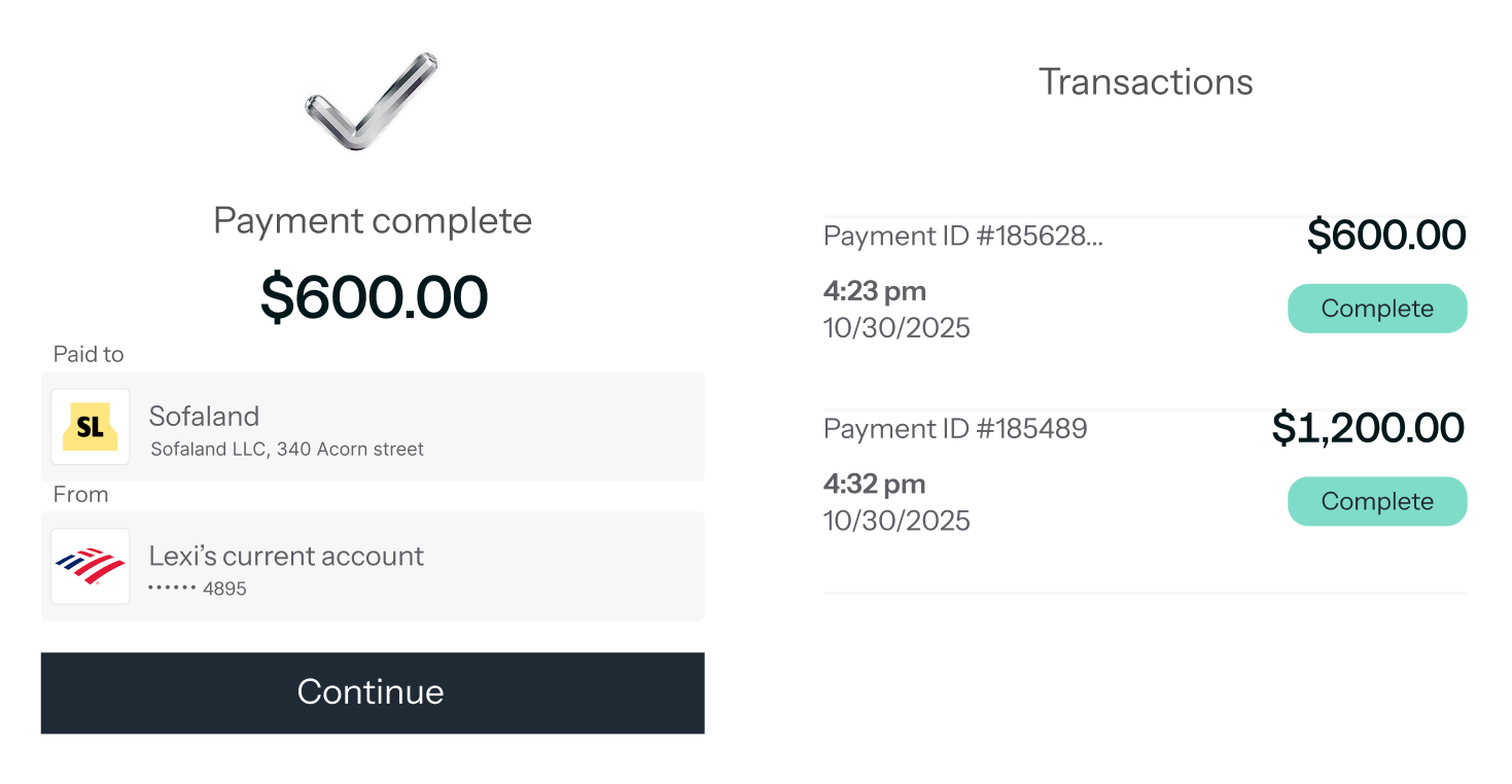 An interface showing a completed bank payment and a transactions summary screen