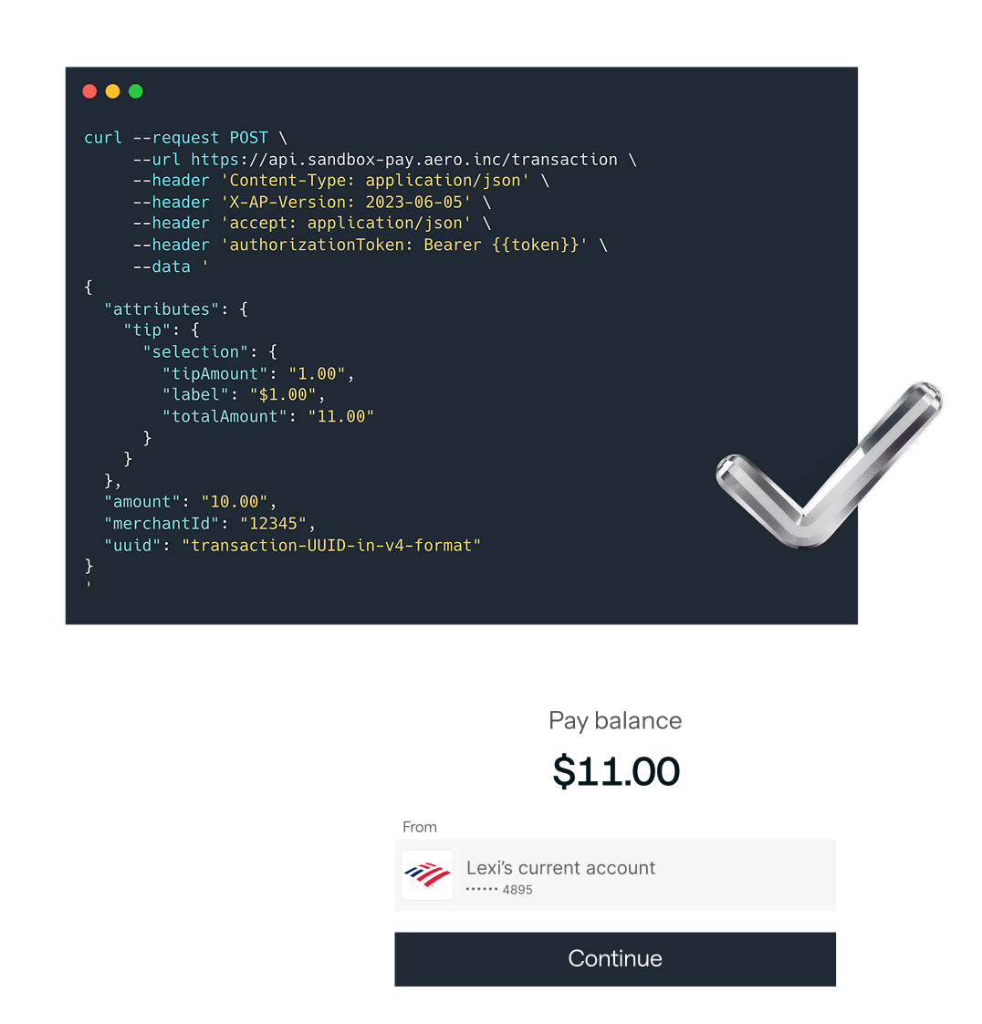 An interface showing a bank payment and a some code