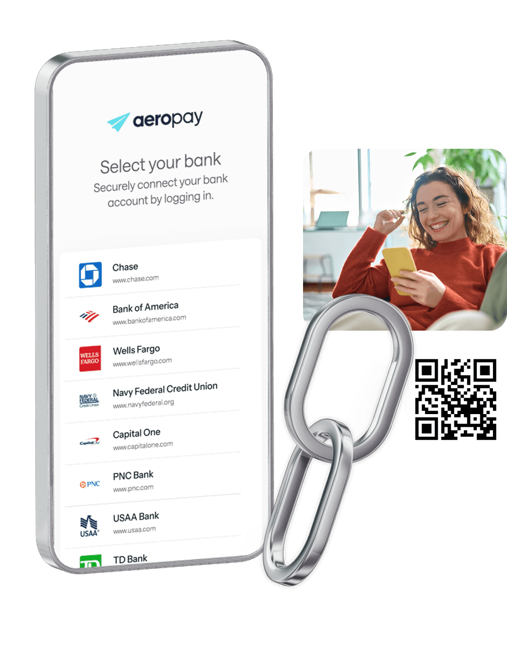 Lady smiling while linking her bank on her phone, plus a QR payment code