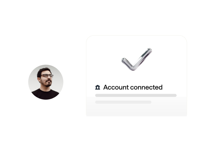 Customer's bank account connected, confirmed with a checkmark.