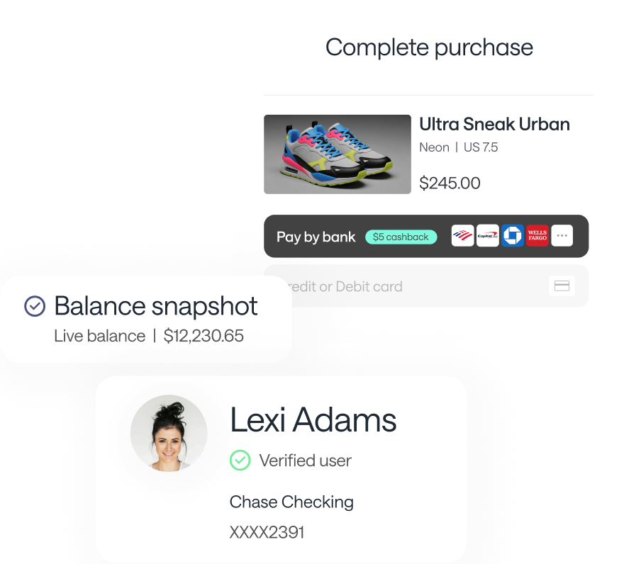 Checkout for a $245.00 sneaker purchase offering Pay by Bank with $5 cashback alongside card payment, next to a verified user's live balance.