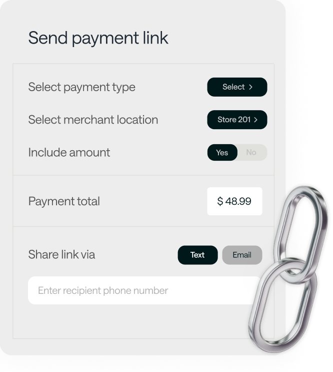 In-store payment link form with a $48.99 total, ready to send to the customer by text or email.
