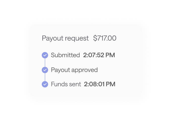$717.00 payout request submitted at 2:07:52 PM and funds sent at 2:08:01 PM.