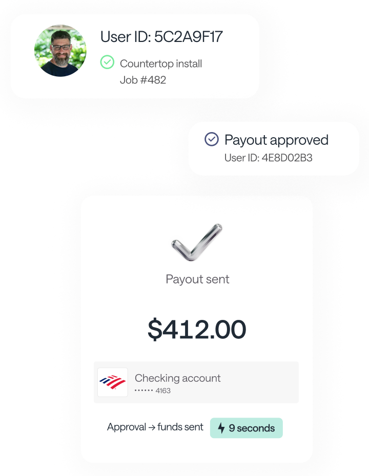 Worker payout of $412.00 for a completed countertop install job, sent to a checking account 9 seconds after approval.